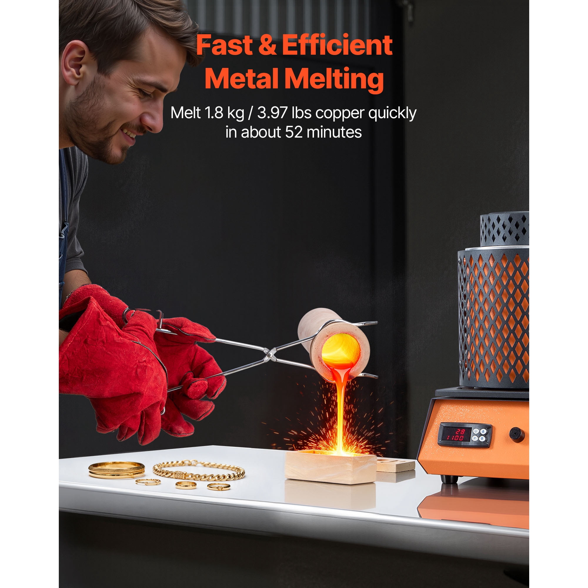KFFKFF Electric Melting Furnace, 1500W Metal Smelting Machine, 2102℉/1150℃ Foundry with 5kg Ceramic Crucible, Metal Smelter Kit for Jewelry Crafting, Metal Bars, and Components