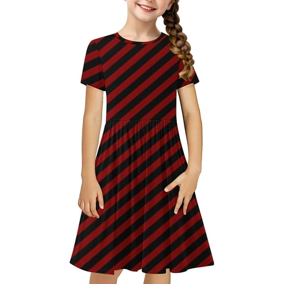 Jgppe Girls Tshirt Dress Casual Stripe Print Stretchy Short Sleeve A-Line Dress for Kids Girls 4-14 Years