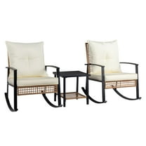 IVV 3 Pieces Rocking Wicker Bistro Set, Patio Outdoor Furniture Conversation Sets with Porch Rocker Chairs and Metal Square Coffee Table, Beige Cushions Includes