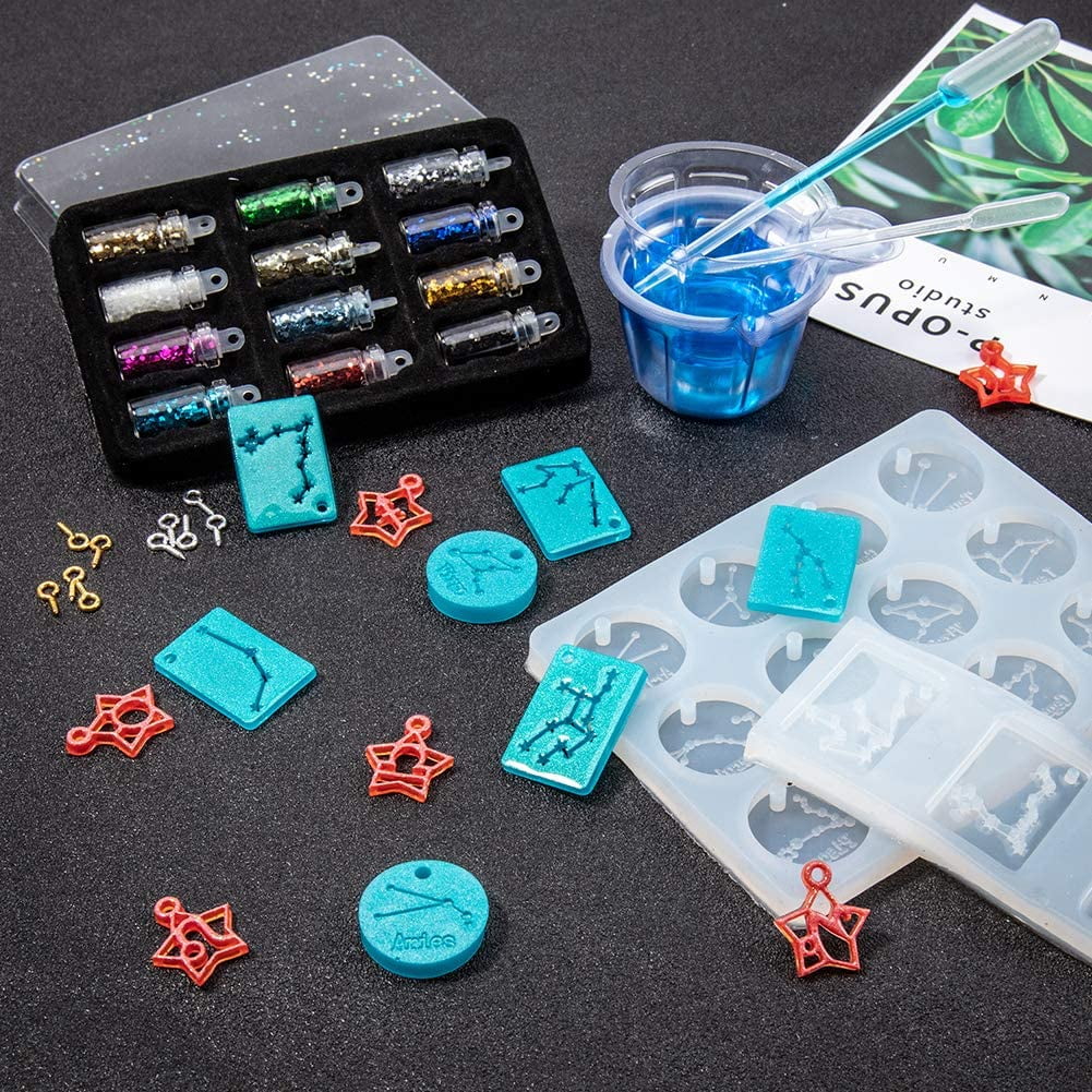 36pcs Twelve Zodiac Signs Silicone Molds Constellation Pendants Resin Casting Mold Kit of Three Styles with Sequins and Tools DIY