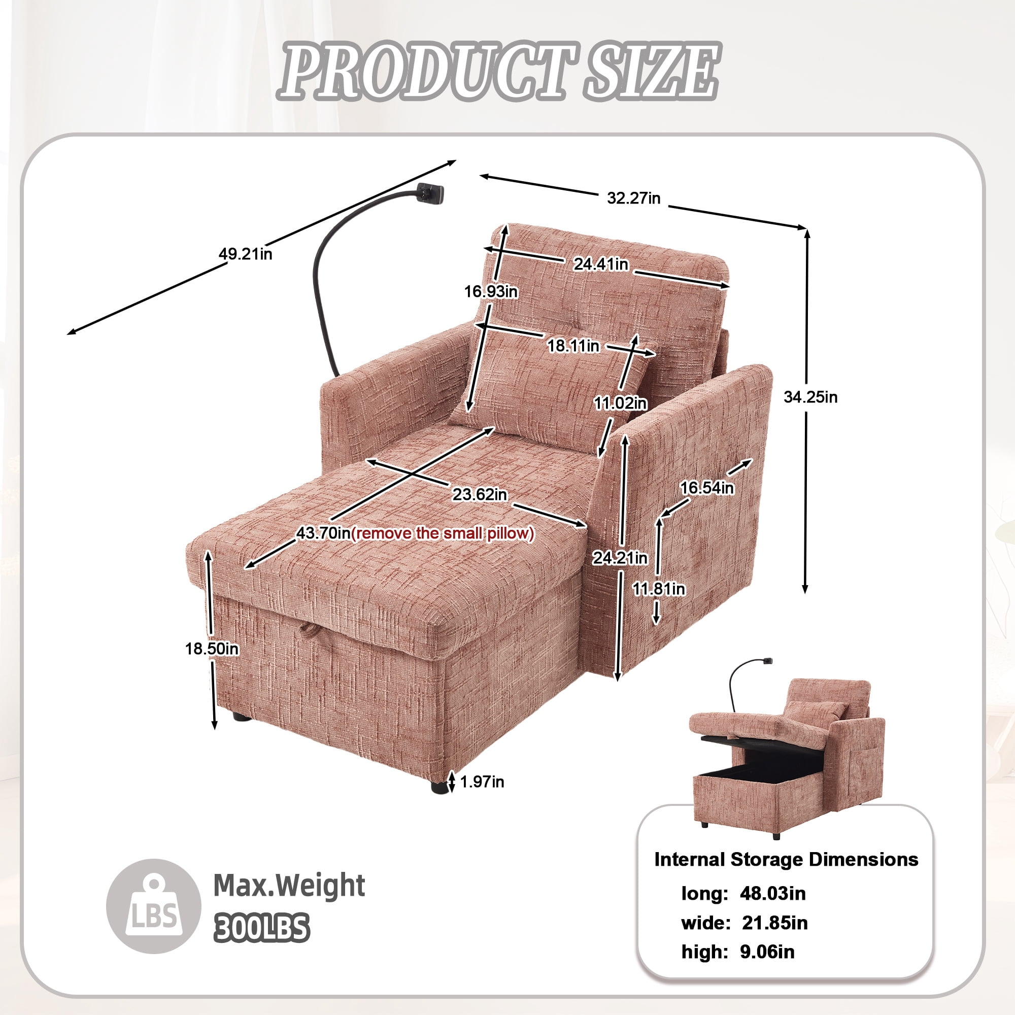 Aukfa Storage Chaise Lounge Single Sofa with Phone Holder and Pillow for Living Room Bedroom, Chenille, Pink
