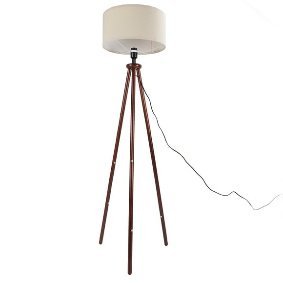 Wood Tripod Floor Lamp, Mid Century Flax Lampshade Modern Foot Pedal Switch Standing Lamp for Living Room Bedroom