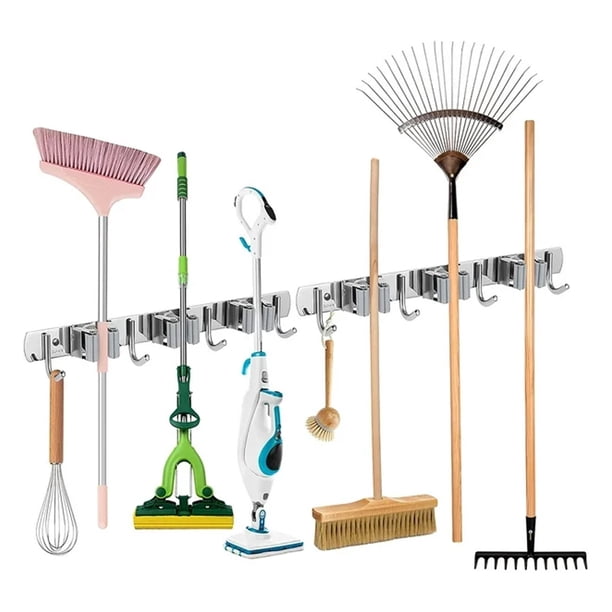 Organizador de pared, soporte de acero inoxidable para escobas y trapeadores con agarre antideslizante impermeable, fácil de instalar para lavandería, cocina, jardín, garaje, despensa, sótano (2