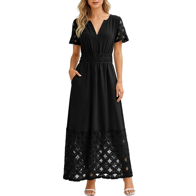 Neewe Robe Maxi d'Été pour Femmes, Ample, Unie, Col en V, Manches Courtes, Tunique, Taille Plissée, Décontractée, Longueur Cheville, Ourlet en Dentelle