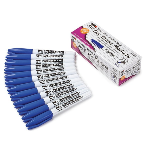 Charles Leonard Dry Erase Markers, Pocket Style, Blue, Bullet Tip, Pack of 12