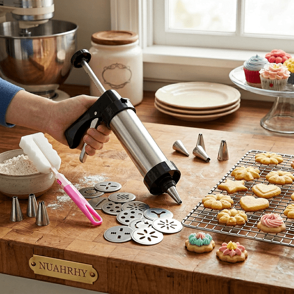 NUAHRHY Churro Maker Machine, DIY Cookie Press Set with Multiple Shape Molds Stainless Steel Cookie Biscuits Maker Machine Hand-Powered Tool for Home Baking