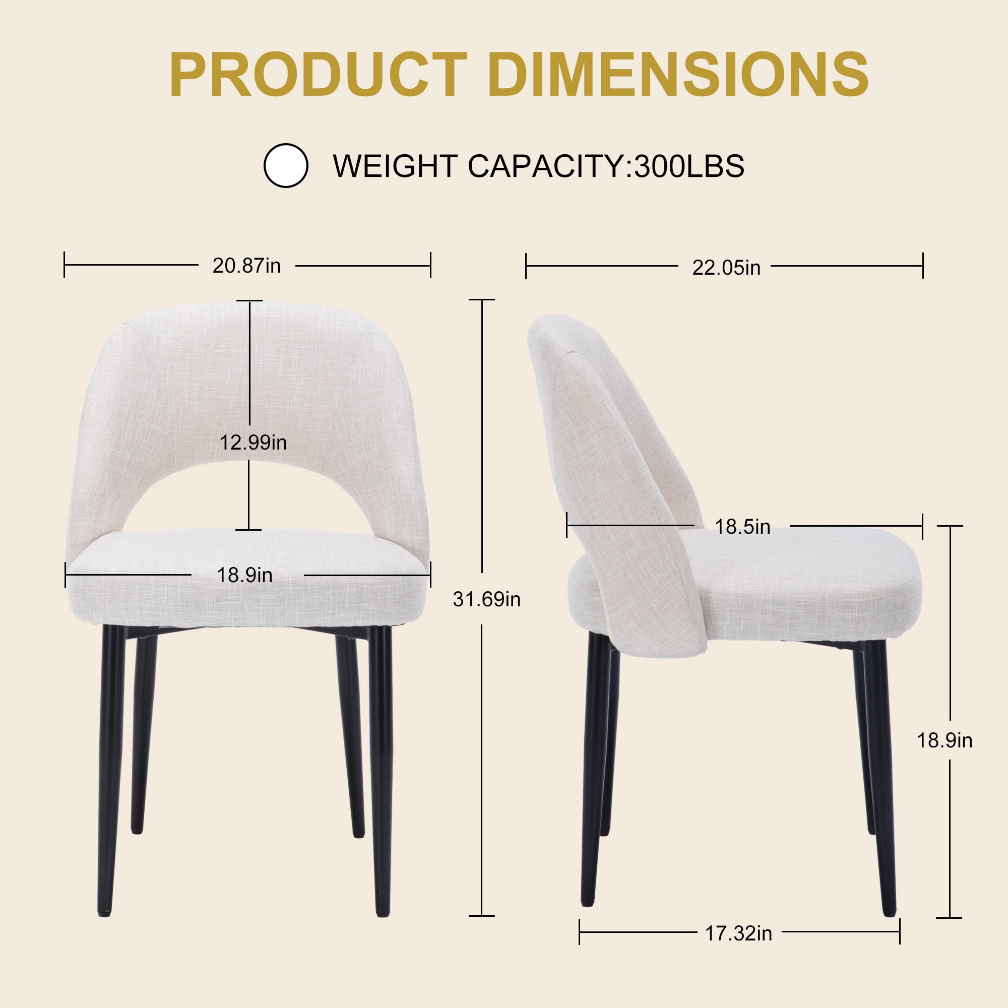 ENYLAY Modern Farmhouse Fabric Upholstered Dining Chairs Set of 6 with Metal Legs & Padded Seat , Beige