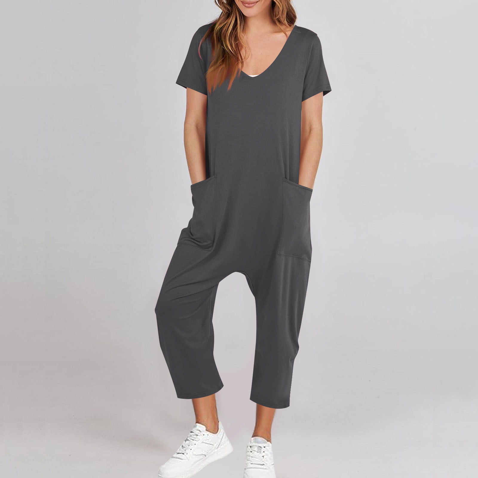 AGWOLF Adult Onesie Pajamas for Women Stretch V Neck Short Sleeve Jumpsuits Loose Fit Solid Ankle Length Pants Summer Rompers with Pockets Soft Sleepwear Homewear One Piece Gray XXL