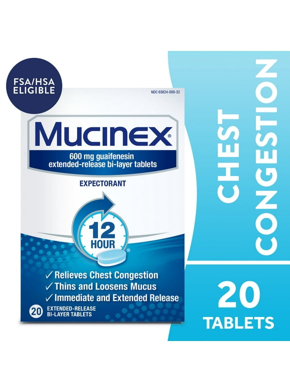 Mucinex 12 Hour Relief, Chest Congestion and Cough Medicine, 20 Tablets