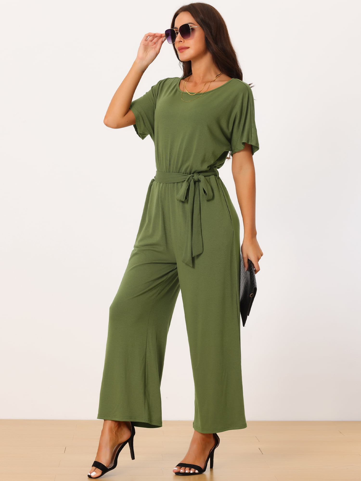 DARING DIVA Women's Short Sleeve Belted High Waist Wide Leg Jumpsuit XL Army Green