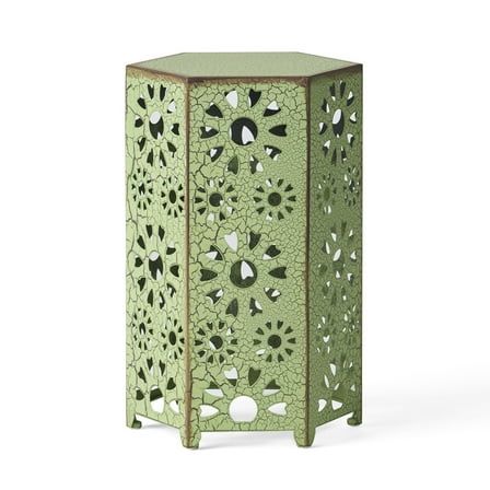 Benjara Liana Outdoor Side Table- Hexagonal 12 Inch- Sunburst Cut Out- Green