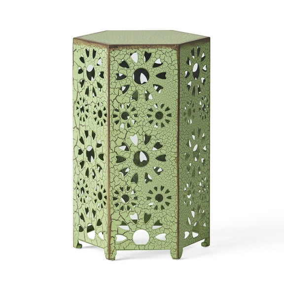Benjara Liana Outdoor Side Table, Hexagonal 12 Inch, Sunburst Cut Out, Green
