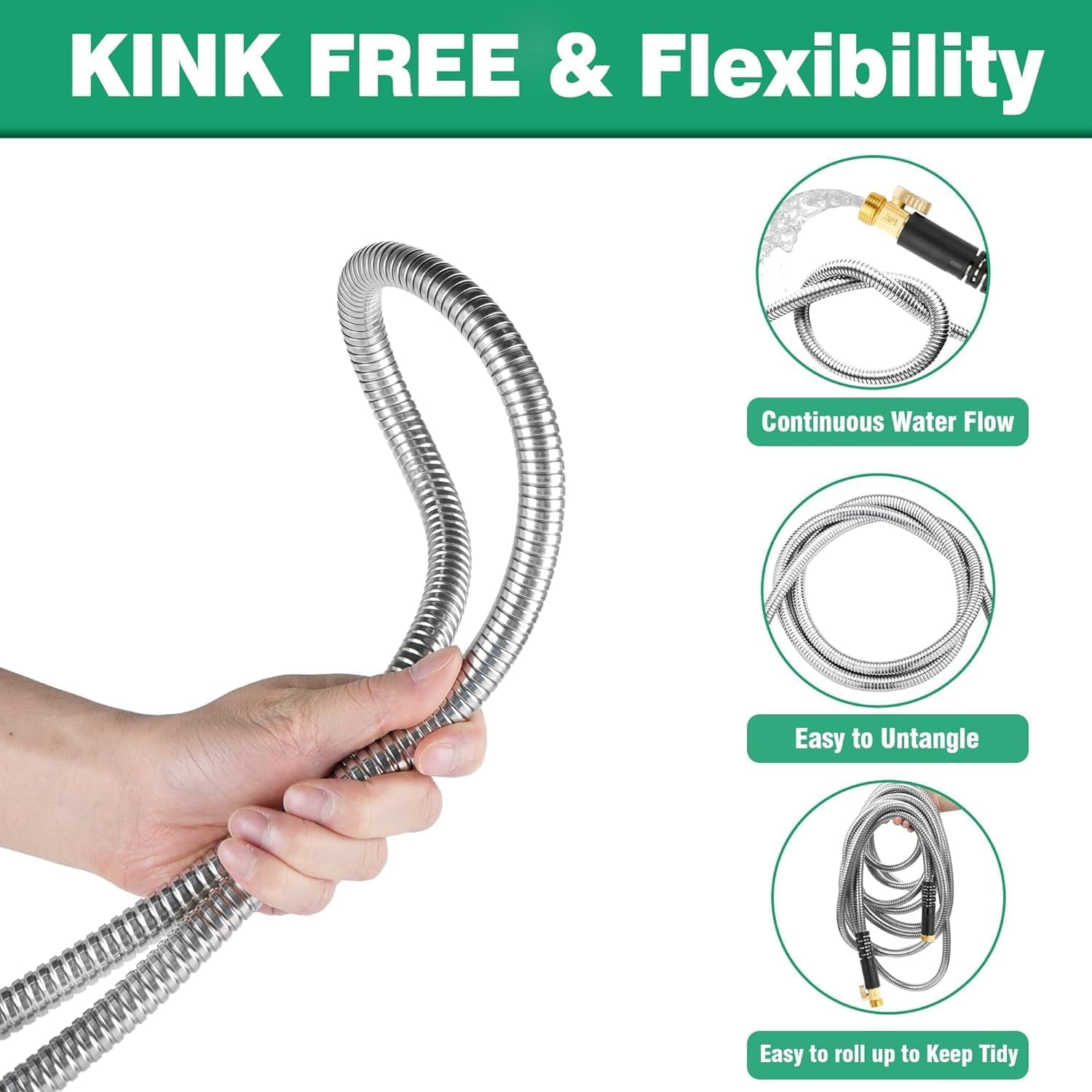 75Ft Metal Garden Hose durable stainless steel Water Hose, flexible, lightweight hose is resistant to kinks and tangles.With 10-way nozzle, strong 3/4” metal fittings, and a Stop Valve.