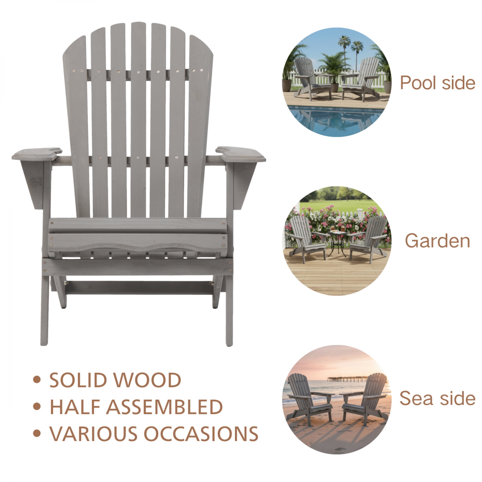 Set of 2 Outdoor Wooden Folding Adirondack Chairs with Pre-Assembled Backrest, Patio Fire Pit Chairs for Backyard, Porch, Poolside & Deck,Grey