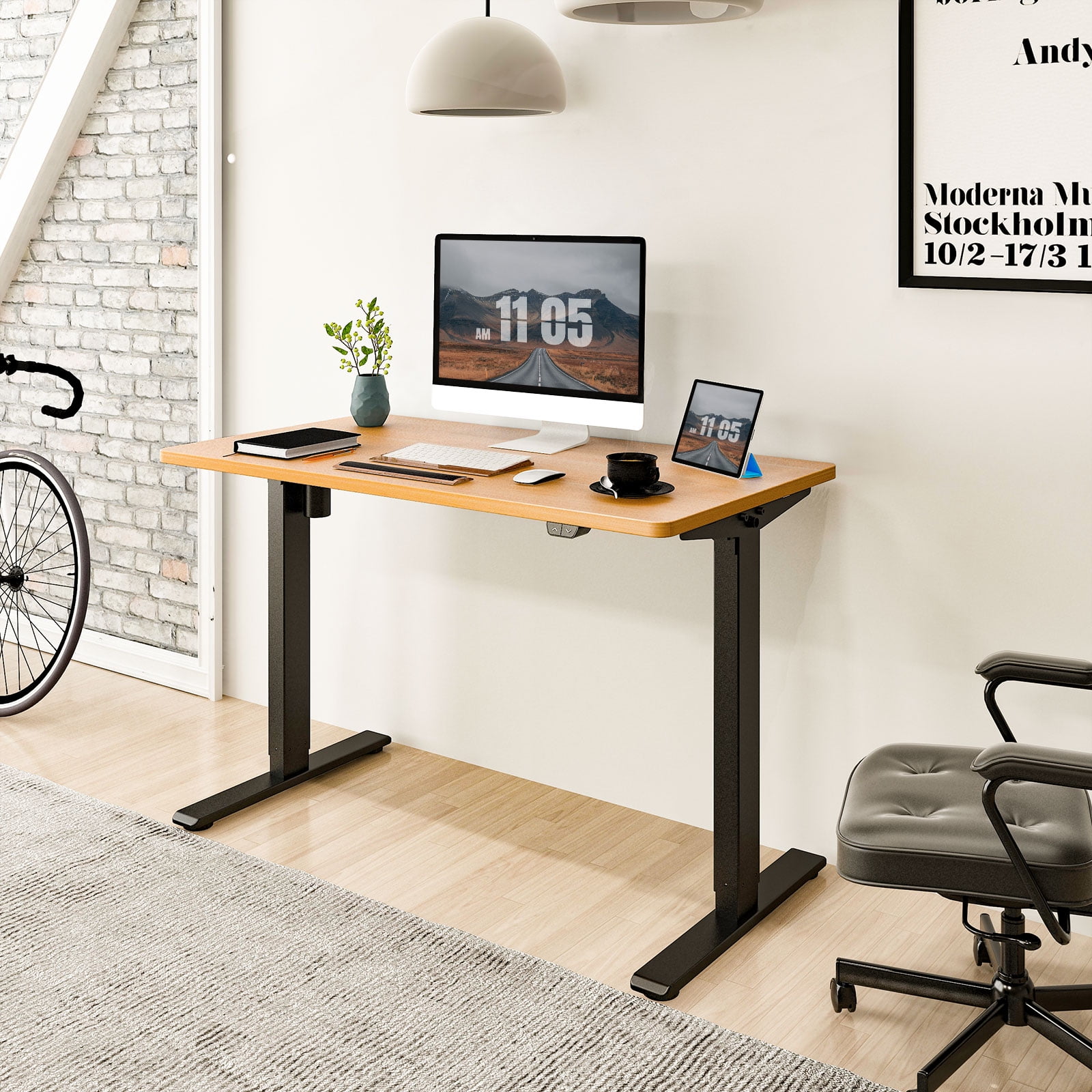 Black Frame + 48 in Mahogany Top 48 x 30 Inches Height Adjustable Desk Flexispot Electric Standing Desk Sit Stand Desk Base Home Office Table Stand up Desk 