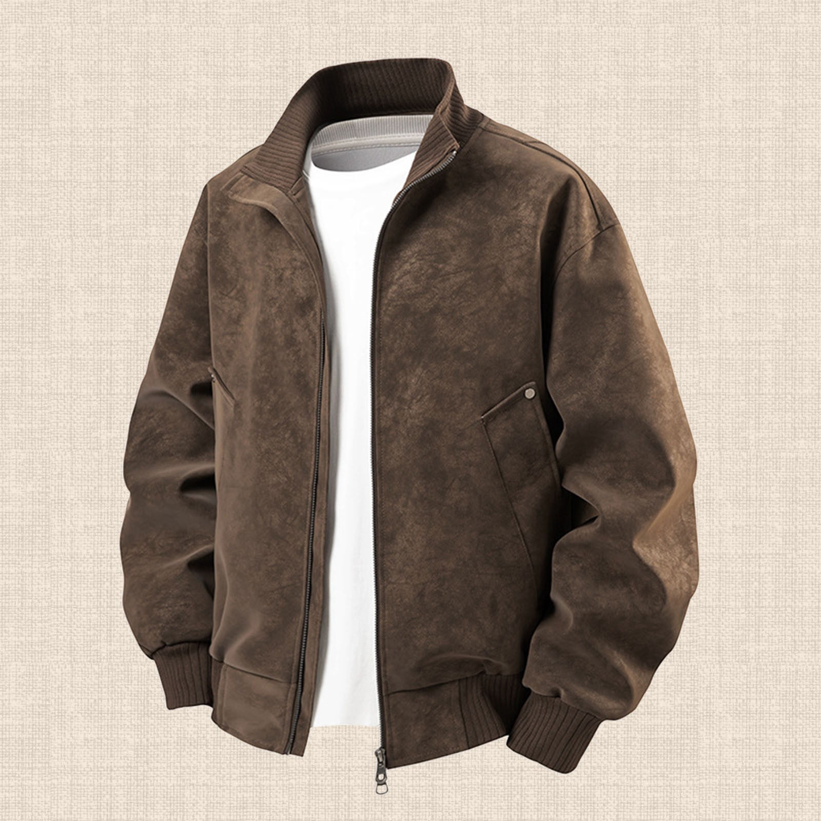 Vintage Brown Bomber Leather Jacket Distressed Leather Jacket Zip Up Collared Lightweight Outerwear Coat with Pocket (Brown,Large)