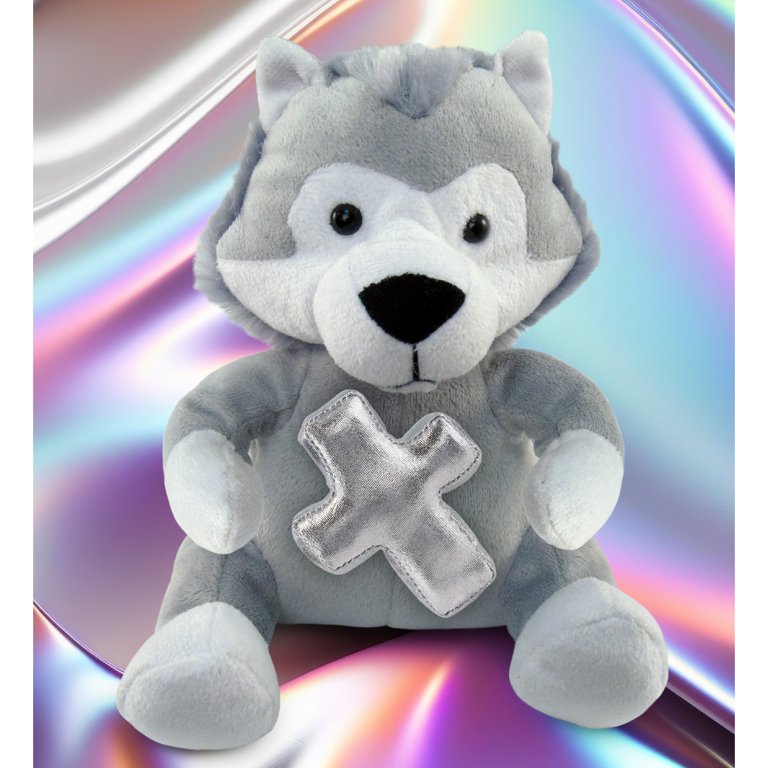 DolliBu Gray Wolf Stuffed Animal with Silver Cross Plush
