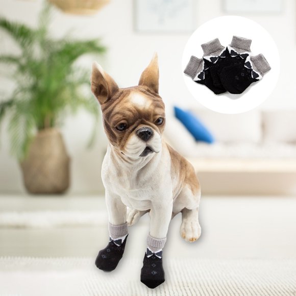 Flmtop 4Pcs Pet Socks Breathable Non-slip Cotton Knitted Paw Print Pet Dogs Socks for Daily Life Black