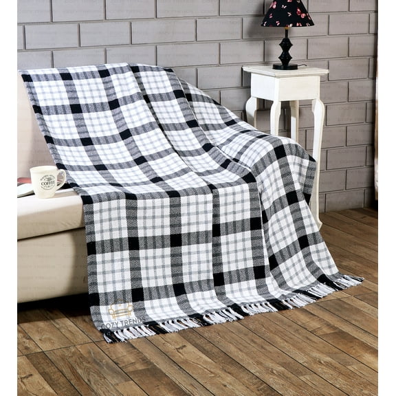 Buffalo Plaid Cotton Throw Blanket for Couch - Farmhouse Throw with Check Pattern - Soft Woven with Decorative Fringe - Lightweight for Bed, Sofa, Chair, Office, Outdoor - 50 x 60 in.