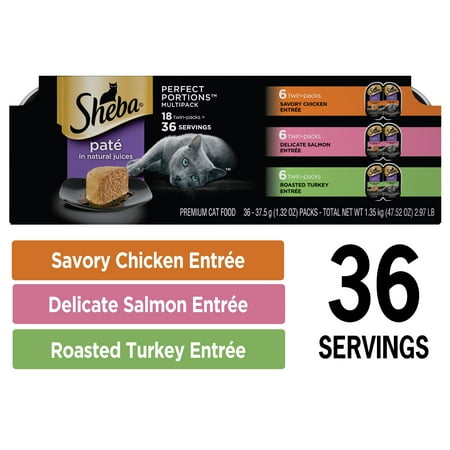(18 Pack) Sheba Perfect Portions Pate Wet Cat Food, Grain Free Chicken, Salmon, Turkey Multipack, 2.6 oz. Twin-Pack
