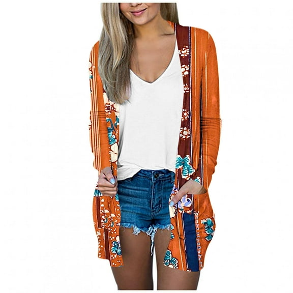 Uootdi Women's Boho Print Cardigan Open Front Long Sleeve Knitwear Casual Loose Fit Outerwear Lightweight Fall Fashion Orange Women Top