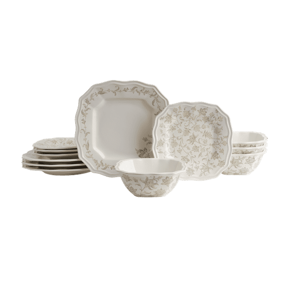 222 Fifth Batik Toile Taupe Porcelain 12-Piece Dinnerware Set, with Plates and Bowl, Service for 4