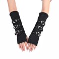 thumbnail image 2 of Guantes largos para mujer con orificio para el pulgar, 3 hebillas, decoración, elegantes guantes sin dedos para fiesta de Cosplay, color negro, 2 of 5