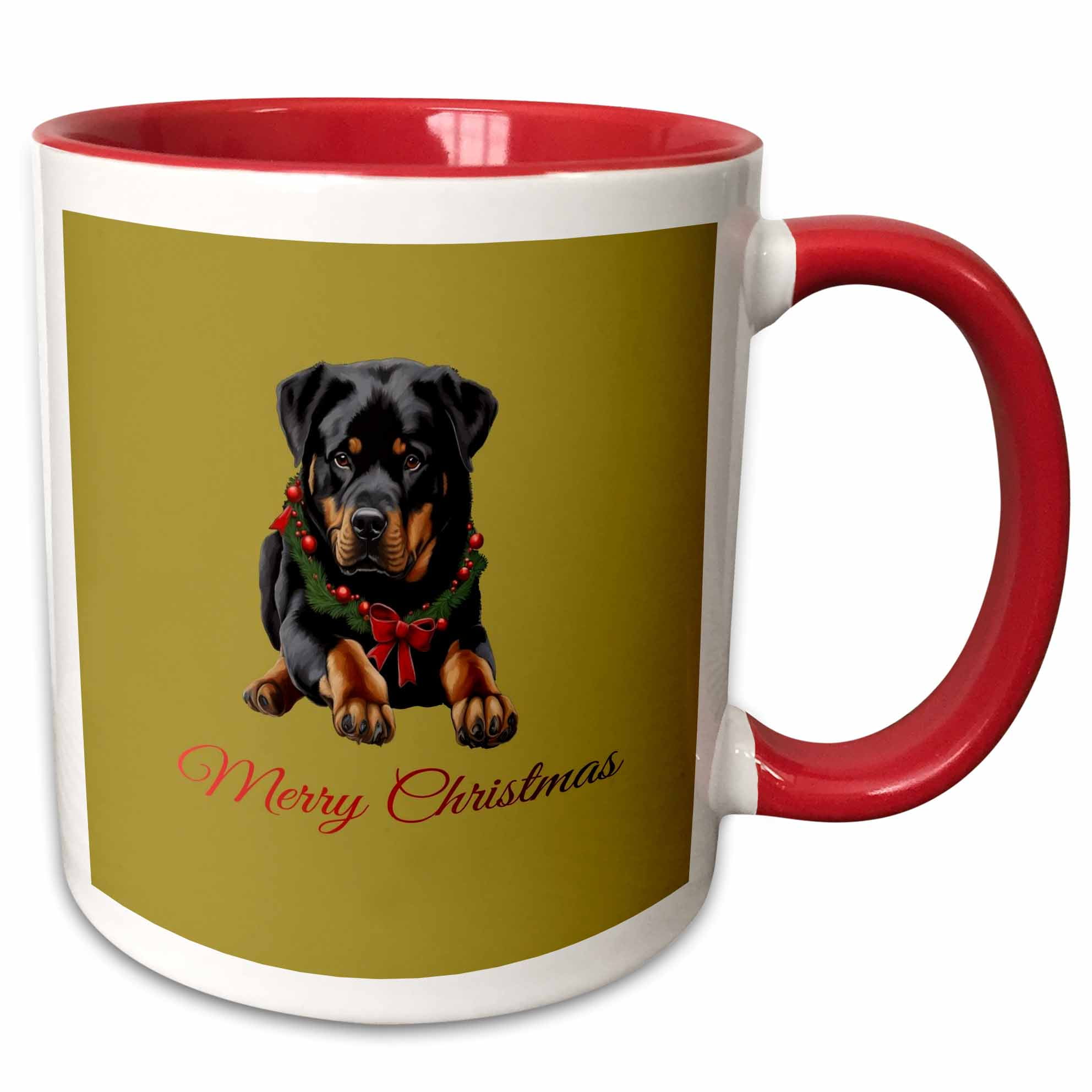 3drose Merry Christmas Rottweiler Dog Christmas with Garland Collar 11oz Two-tone Red Mug