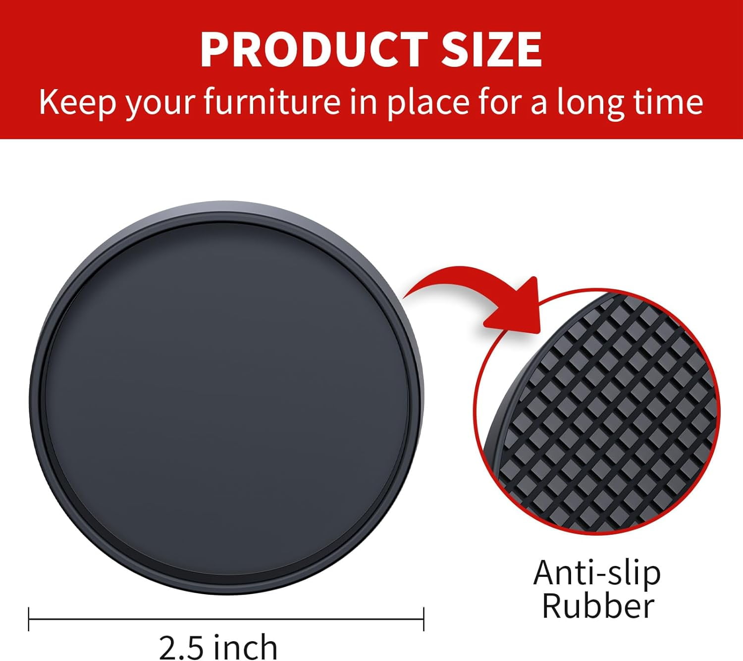 Furniture Coasters - 2.5” Non Slip Furniture Pads for Hardwoods Floors, 8 PCS Round Rubber Non Skid Furniture Caster Cups, Anti Slide Furniture Feet Floor Protectors for Bed Couch Stoppers (Black)