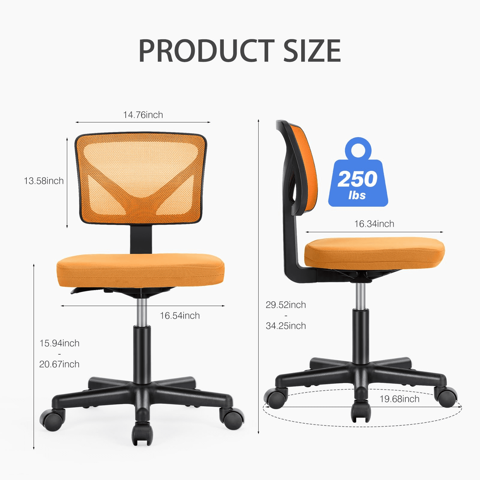 Kelno Small Desk Chair with Wheels Armless Low-Back Office Chair Ergonomic Adjustable Computer Desk Chair with Lumbar Support,Orange
