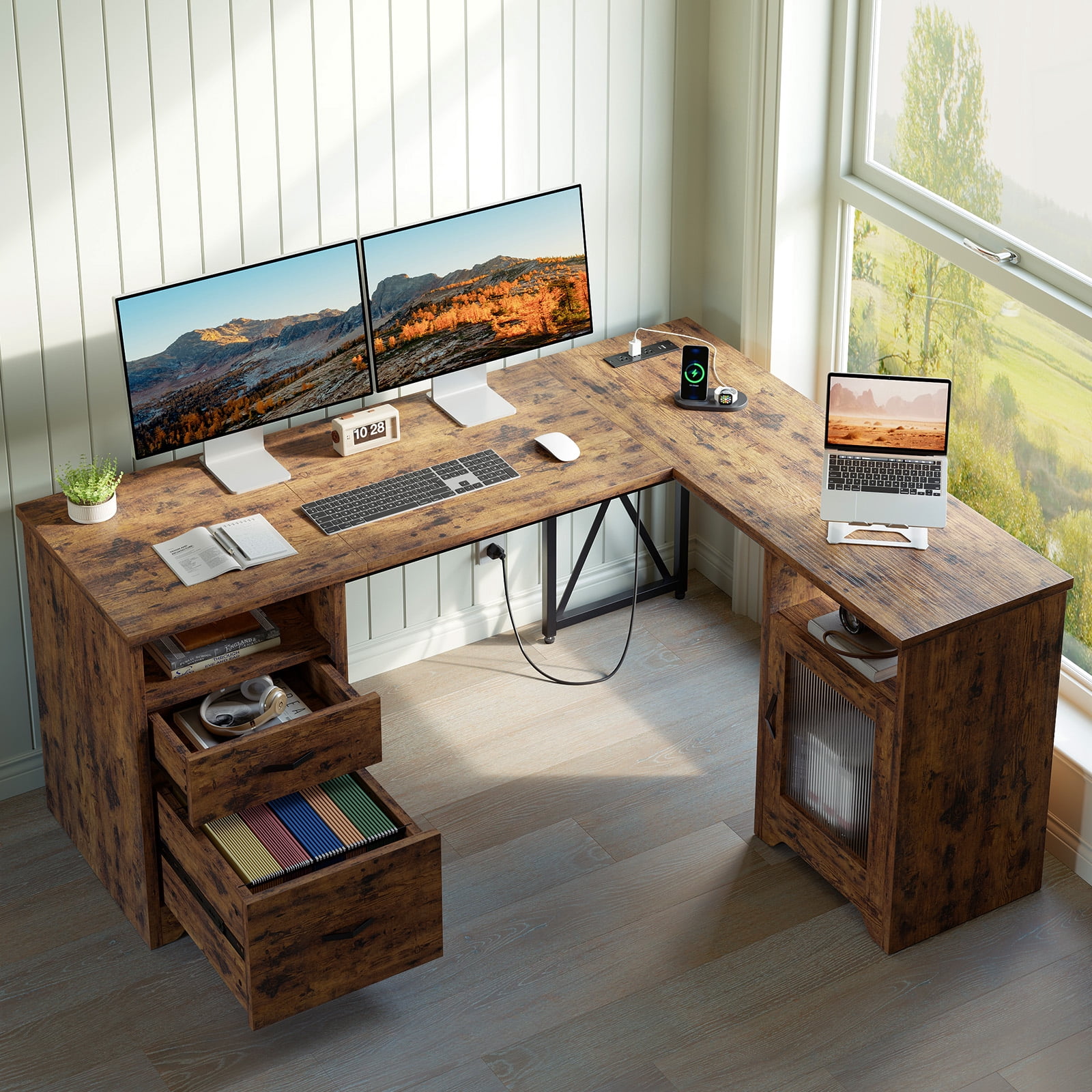Bestier Farmhouse L Shaped Desk with Drawers, 63"Office Computer Desk with Charging Station & Fluted Storage Cabinet, Corner Desk with File Drawers, Modesty Panel for Home Office, Rustic Brown
