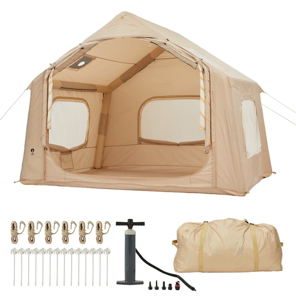 GOCAPTAIN 3-5 Person Inflatable Camping Tent with Stove Jack, Waterproof Blow Up Tent with Mesh Windows, Easy Setup Portable Inflatable House with Hand Pump