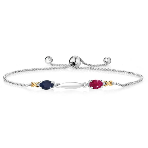 Gem Stone King 1.20 Ct Oval Blue Sapphire Red Ruby 925 Silver and 10K Yellow Gold Lab Grown Diamond Bracelet for Women