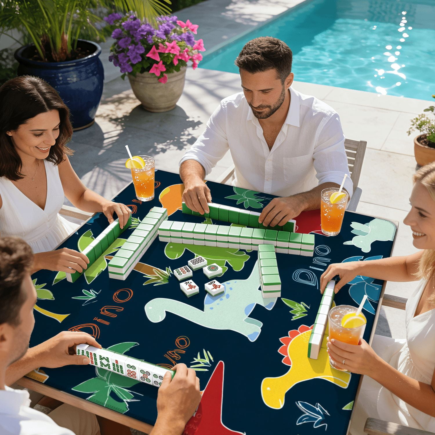 Mahjong Mat 31.5" x 31.5" seamless colorful dinosaurs dinosaur silhouette Non-Slip Noise Reduction American Mahjong Tiles Table Cover for Dominoes Poker Card Board Games Gift