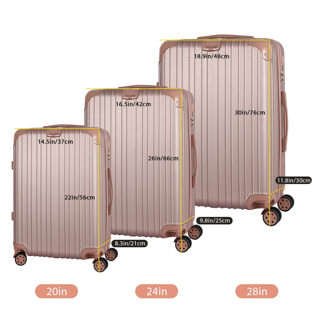 Luggage 3-Pieces Set ABS Durable Suitcase Rose Gold 20"24"28"