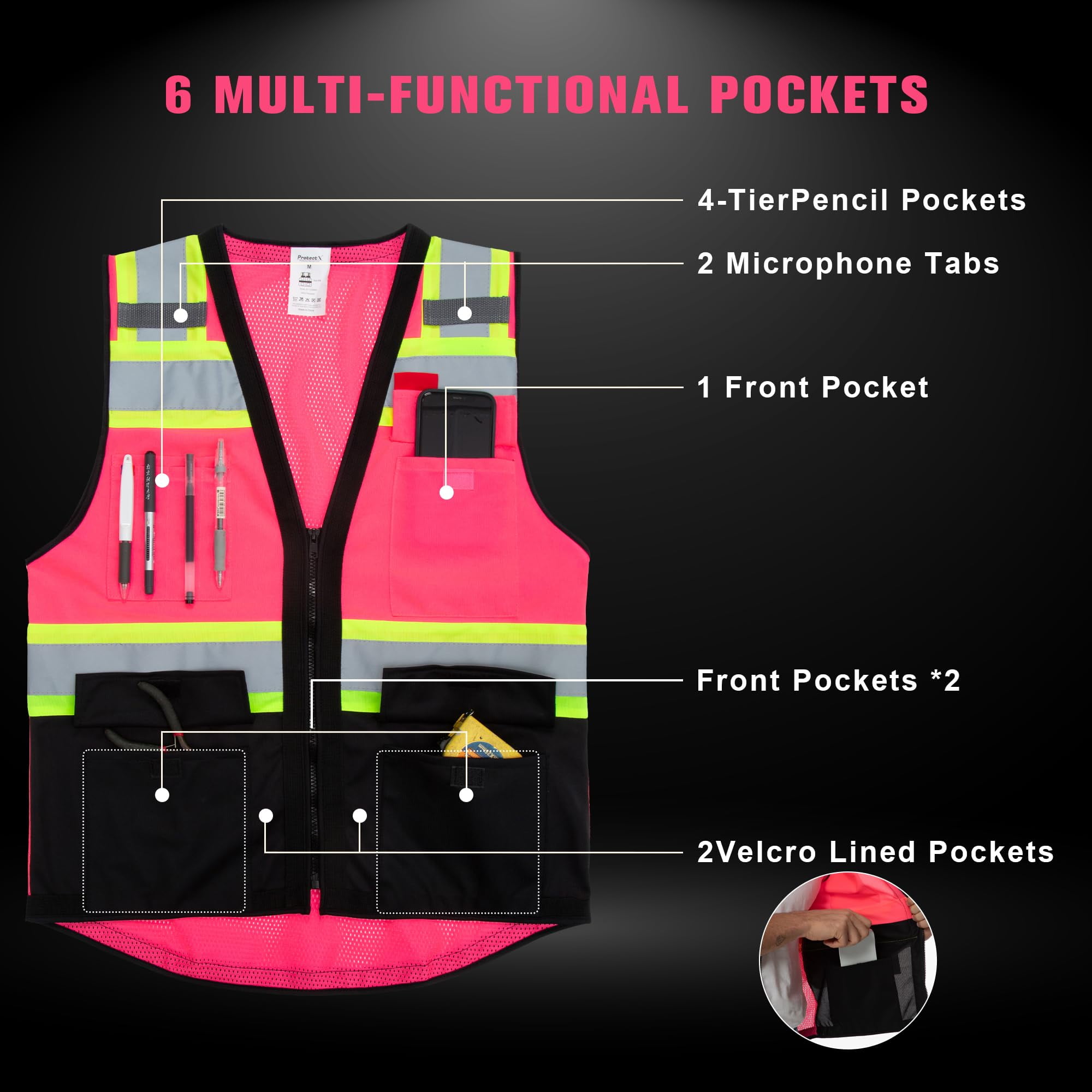 ProtectX 6 Pockets High Visibility Zipper Front Safety Vest with Reflective Tape Strips, Lightweight & Solid Front Mesh Back, ANSI/ISEA Certified Class 2, Pink - Large