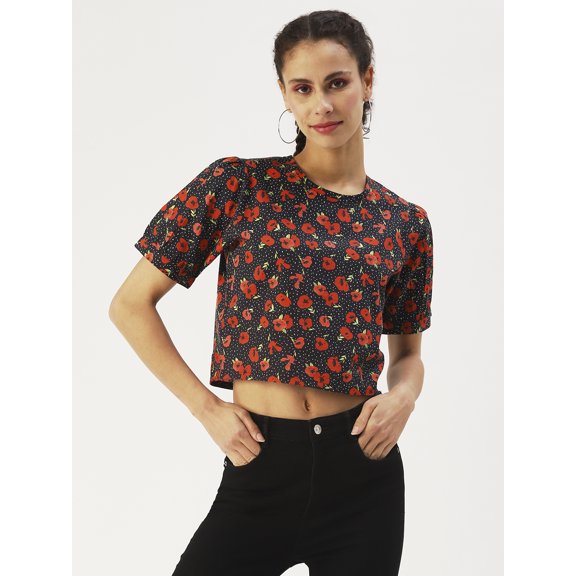 DressBerry Women’s Printed Cotton Poplin Crop Top Round Neck Short Sleeves High Waist Regular Wear Light Weighted Casual Summer Top