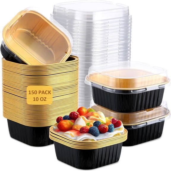 150 Pieces 10 oz Mini Cake Pans with Lids Aluminum Foil Baking Cups Square Disposable 4" x 4" Large Cupcake Cups Baking Tins for Kitchen Brownie Pudding Desserts Holders(Black, Gold)