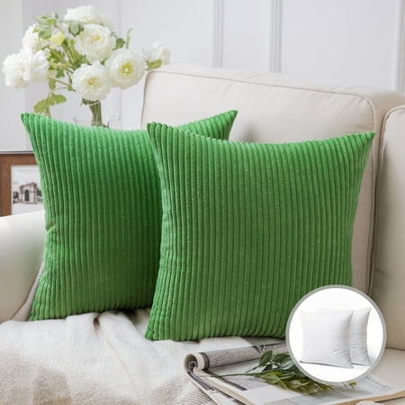Soft Corduroy Striped Velvet Square Decorative Throw Pillow Cusion For Couch, 22" x 22", Green, 2 Pack