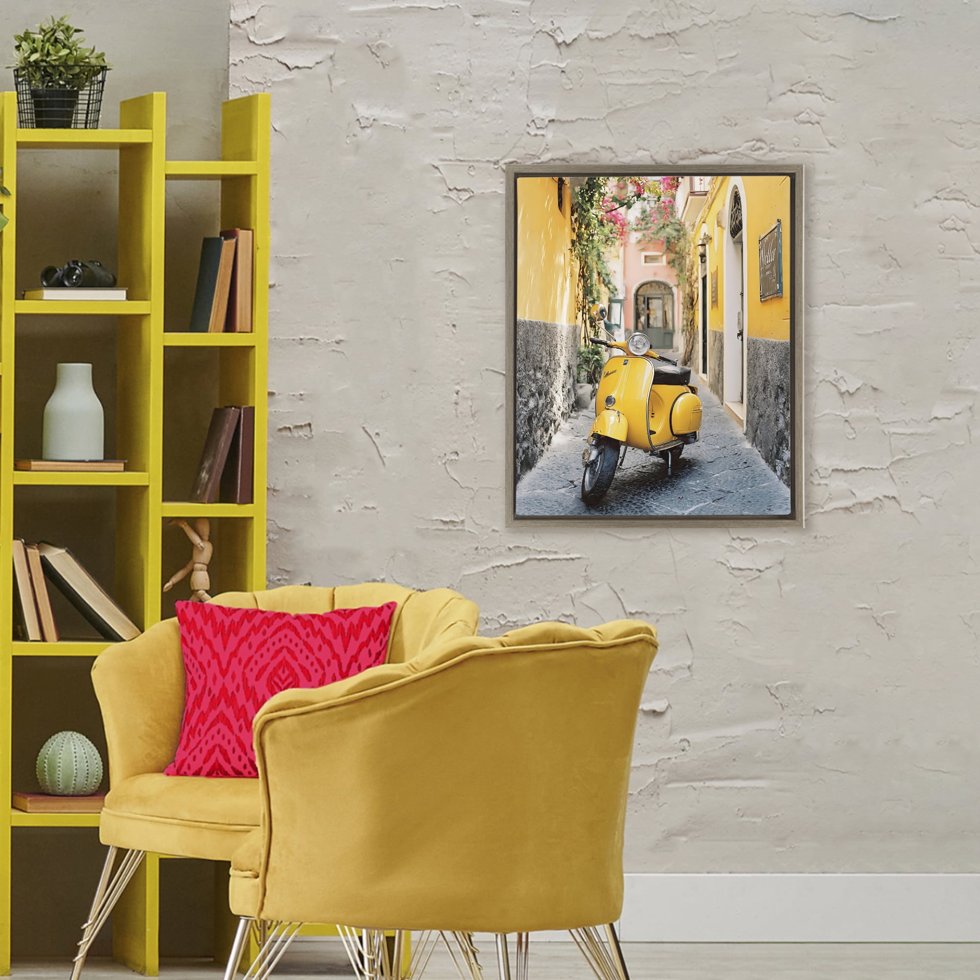 Stupell Industries Yellow Moped in Alley Brown Framed Floater Canvas Wall Art, design by Franklyn Gregory