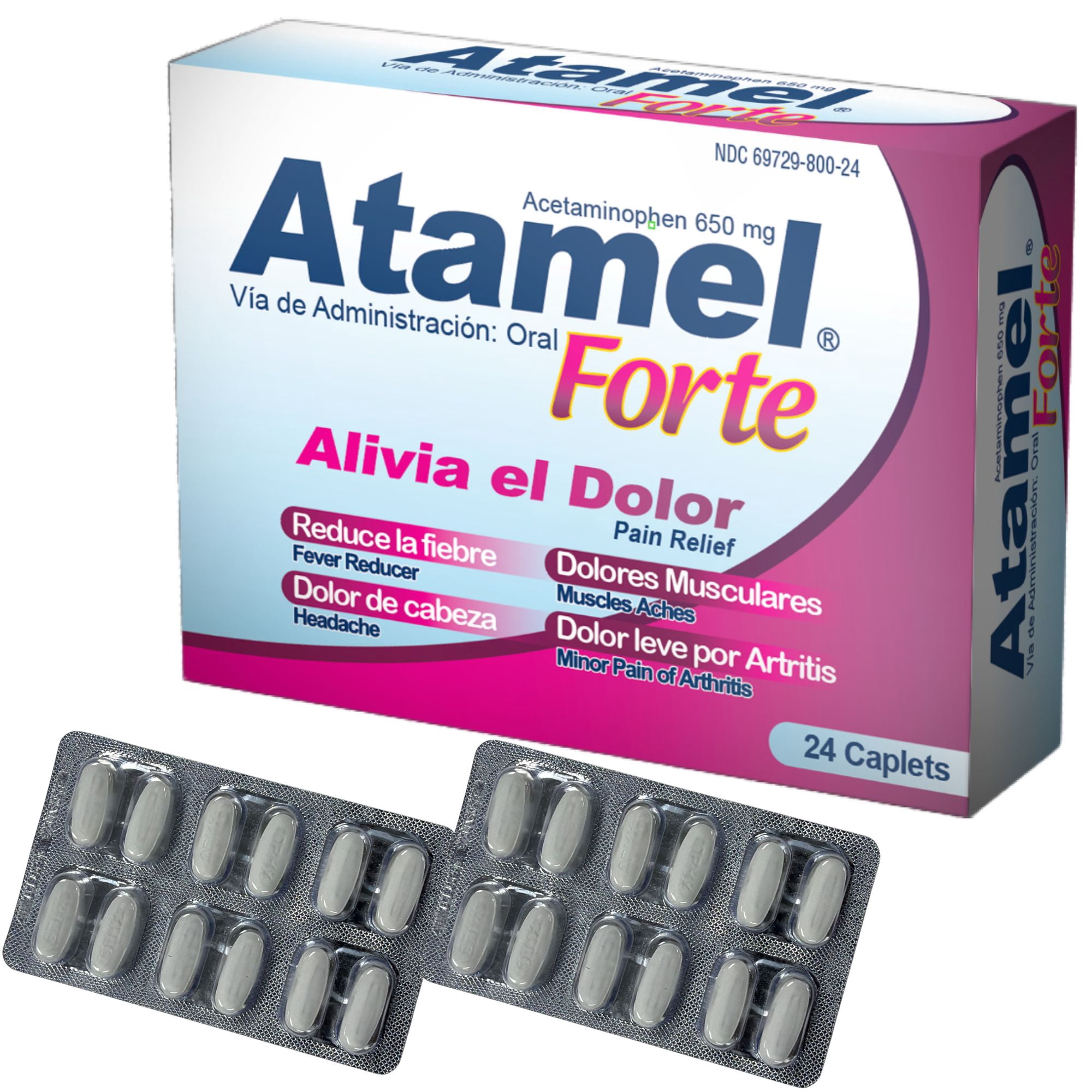 Atamel Forte Acetaminophen 650mg Caplets Extra Strength Pain Reliever and Fever Reducer for Adults - Headache, Muscle Ache, Arthritis, Backache, Menstrual Cramps Relief - 24 Caplets