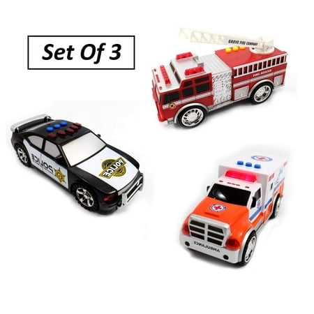 3 Emergency Vehicle Toy Play Set For Kids Fire Truck, Police Car ...