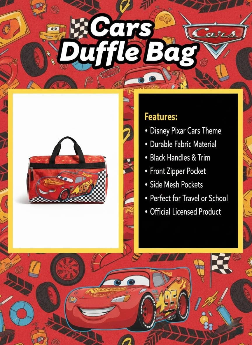 Disney Pixar Cars Kids Duffle Bag  Lightning McQueen Travel Gym Bag with Adjustable Strap, Mesh Side Pockets & Zipper Pocket