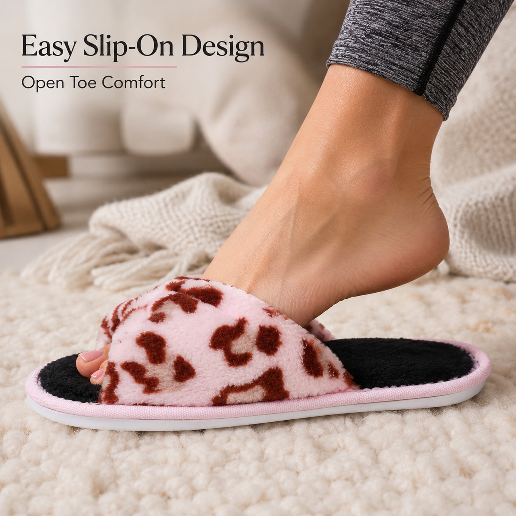 Leopard Style Memory Foam Woven Non-Slip Indoor Cozy Pom Knit Spa Women Slippers