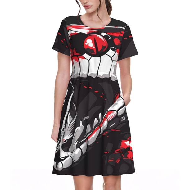 Easygdp Fierce Red Viper Graphic Art para Vestido Transpirable de Mujer, Vestido Suelto de Manga Corta con Pliegues y Bolsillos para el Verano