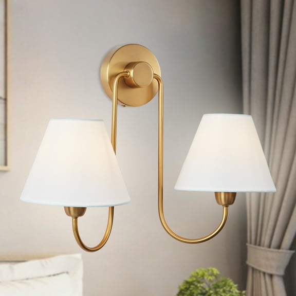 Mid-Century Conical White Linen Shade Antique Brass Double Wall-Mounted Sconce, Natural Wall Light, Wall lamp with Soft Shine, Indoor Sconce for Living Room, Dining Room, Bedroom
