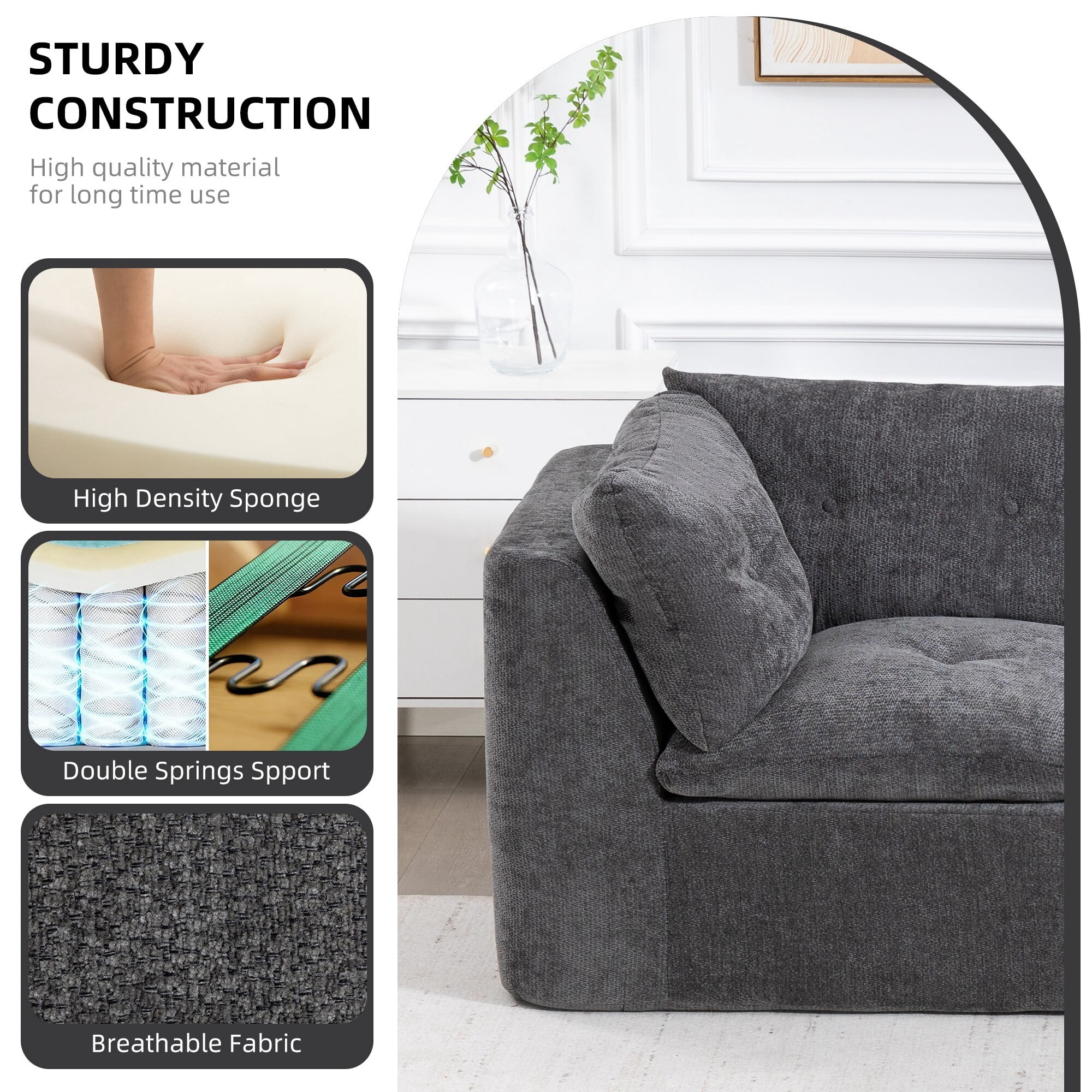 DEALTOPS 111" Modular Sectional Sofa with Ottoman, 4-Seat Convertible Chenille Cloud Couch, Dark Gray