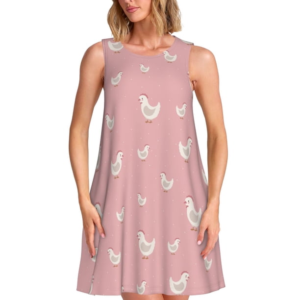 Fotbe Funny Chicken Vestido de Verano sin Mangas para Mujer – Vestido Midi Línea A, Estilo Camiseta Floral, Vestido Playero Casual y Fluido