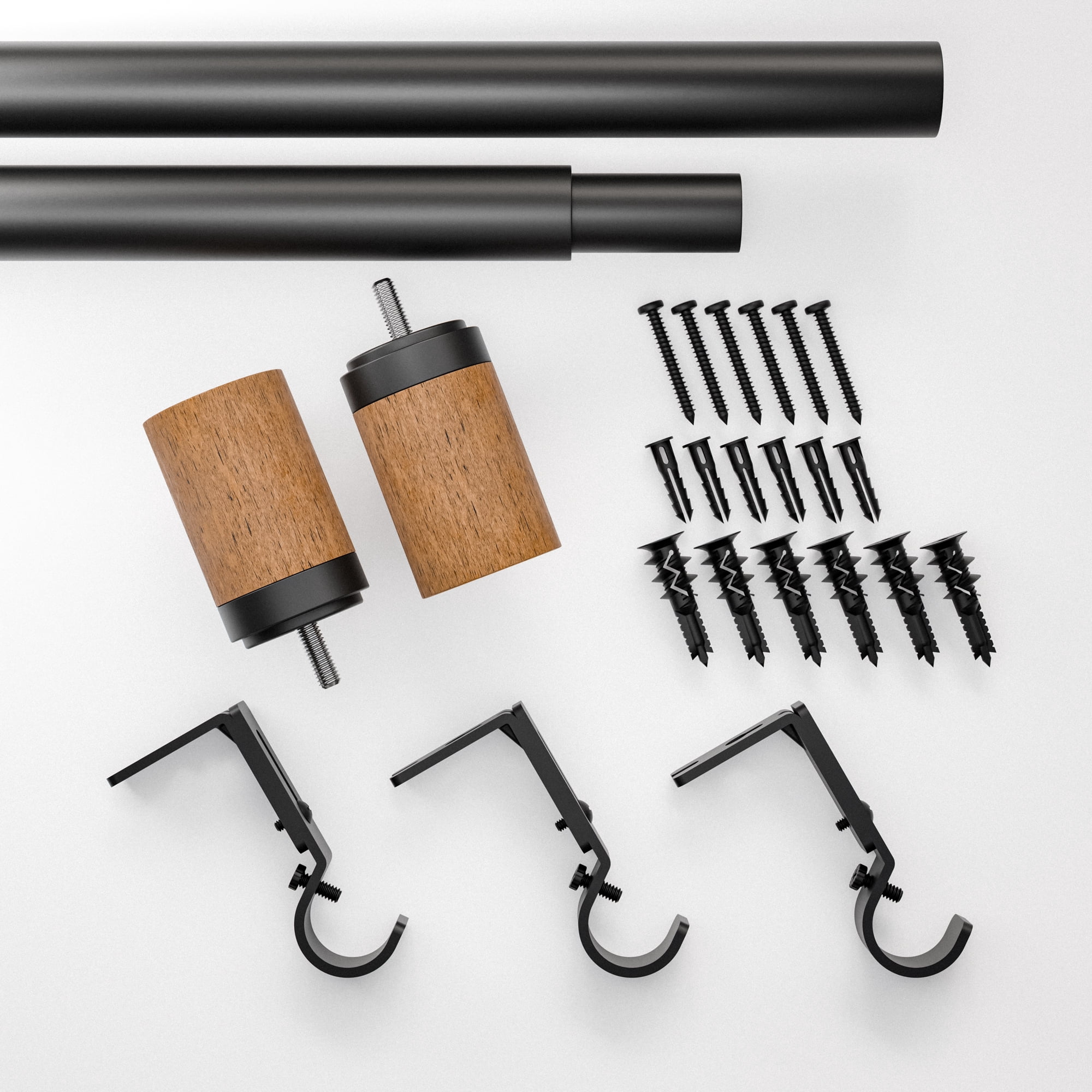 Better Homes & Gardens 1" Pale Oak Wood Cylinder Adjustable Curtain Rod Set, 42-120", Black