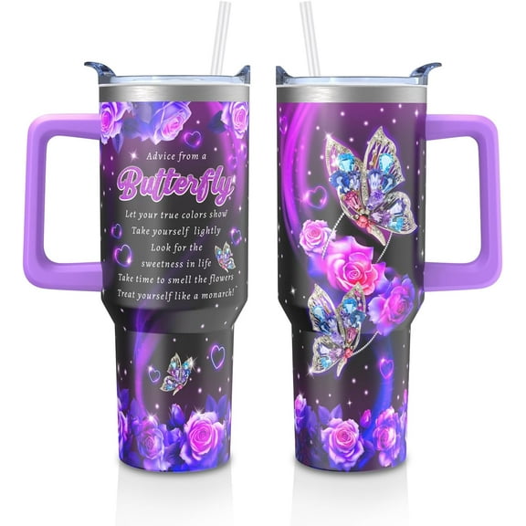 Butterfly Gifts Tumbler for Women Mom, Butterflies Print Leakproof Coffee Travel Mug, 40 Oz Tumblers with Handle and Straw Water Bottle Cup Gift Ideal
